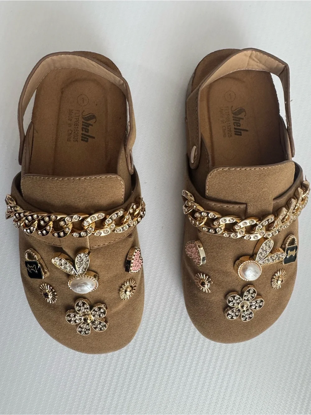SHEIN Girls Brown Embellished Slip-Ons with Gold Chain & Charms